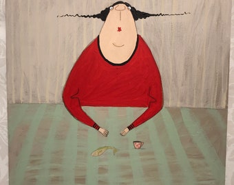 On cardboard, portrait, woman with fish, dinner