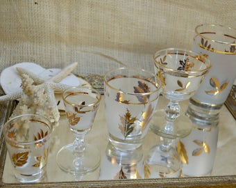 Libby Gold Leaf glass set // Cocktail Glasses and Cordial Glasses // shot glass // wine glasses