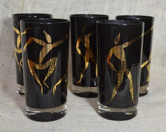 Vintage black and gold mid century glasses / calypso dancers // Barware/ Rare / 1960's