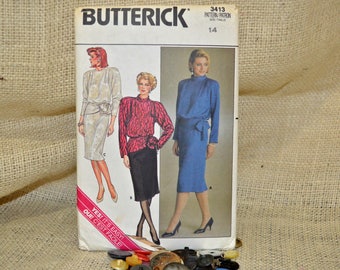 Uncut 1985 Butterick Pattern 3413 BLOUSON TOP & SKIRT Misses Size 14