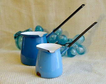 Enamel Turkish coffee pot // blue and white // butter warmer // vintage decor// made in Yugoslavia // set of 2