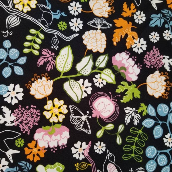 IKEA Fabric 2007 // Butterflies Birds Flowers on Black cotton // Sissi Edholm Lisa Ullenius Collection // Canvas Remnant