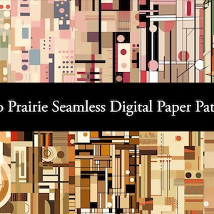 Könnte beinhalten: Ein Satz digitaler Papiermuster mit geometrischen Formen in Braun-, Beige-, Rot- und Schwarztönen. Die Muster sind nahtlos und haben einen Retro-Prairie-Stil. Der Text "Retro Prairie Seamless Digital Paper Patterns" wird oben im Bild angezeigt.