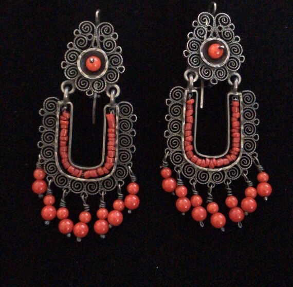 Vintage Silver and Coral Chandelier Earrings