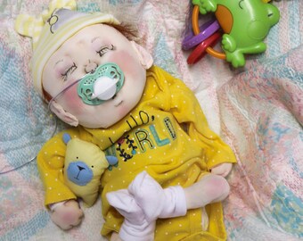 Cute Sleeping Preterm Preemie Nicu Premature Cloth Baby Doll Handmade Unique Gift Toy Soft Sculpture Collectible Barnabas By Marlos