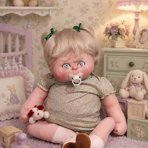 May include: A soft-bodied doll with blonde hair styled in two pigtails with green ribbons, blue eyes, and a white pacifier. The doll wears a sage green short-sleeved shirt with a small white floral pattern, white socks, and brown-soled shoes.