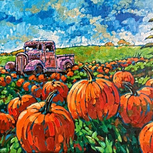 May include: A painting of a field of pumpkins with a vintage pink truck in the background. The pumpkins are orange and the truck is rusty. The sky is blue with white clouds.