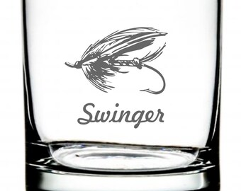 Laser Etched Glass, Fly fishing Tumbler, Swinger Set of 4 Fly Fishing Glasses