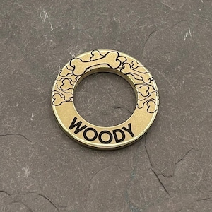 Brass Dog Washer Tag Deep Engraved Bone