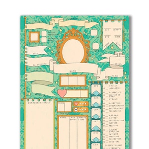 May include: A printable character sheet for a tabletop role-playing game. The sheet is designed with a teal and gold colour scheme and features a decorative frame with a mirror design. The sheet includes sections for character name, race, class, level, skills, abilities, and more.