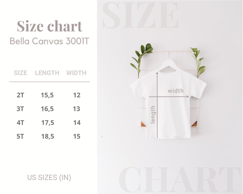 Peut inclure: Un t-shirt blanc sur un cintre, avec un tableau des tailles pour Bella Canvas 3001T. Le tableau affiche les tailles 2T &agrave; 5T, avec des mesures de longueur et de largeur en centim&egrave;tres. Le texte "US SIZES (IN)" est &eacute;galement visible.