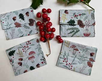 Christmas Fabric Envelopes,  Woodland Print Gift Card holder, Reusable Envelopes, Set of 4, Stocking Stuffer, Holiday Gift