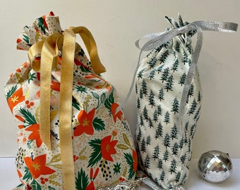 Set of 2 Drawstring Christmas gift bags, Reusable fabric gift bags, Rifle Paper Co Holiday Classics, Eco friendly.