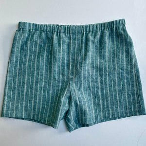 Men's Lightweight Hemp Organic Cotton Fabric Boxers, Handmade Organic Clothing, Green and White Striped Yarn Dyed Underwear, Size Small.