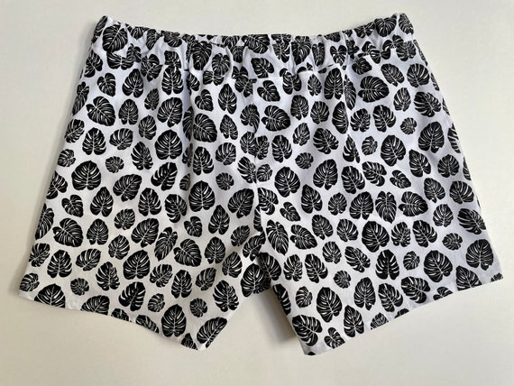 Monstera Cotton Sleep Shorts, Black and White Poplin Shorts