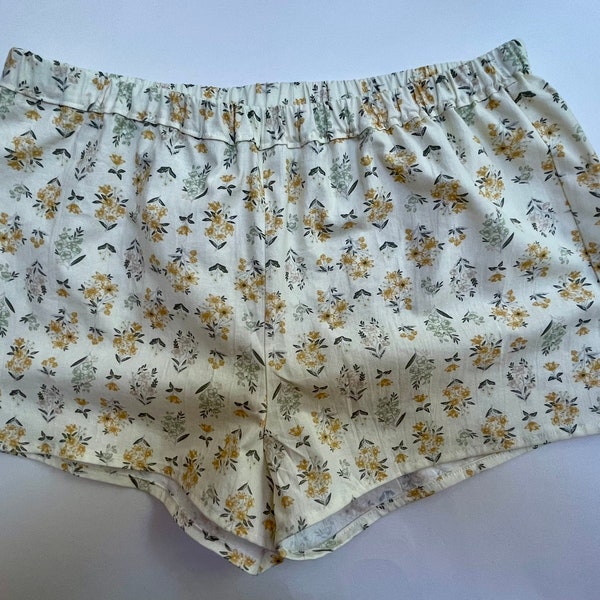 Women's Floral Cotton Sleep Shorts, Lounging Shorts, Daffodils, Gift for Her, Size Medium.