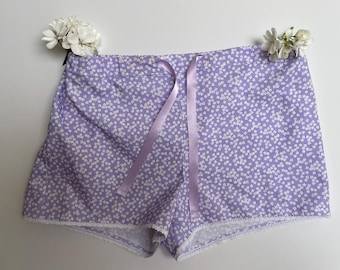 Light Purple Floral Cotton Sleep Shorts, Lounging Shorts in Size Medium