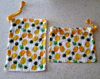 Reusable Produce Bags, Pineapple Print, Organic Cotton Gauze