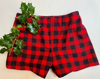 Mens Flannel Boxers, Red and Black Buffalo Check, Plaid Boxers, Size Medium, Gift for Him.