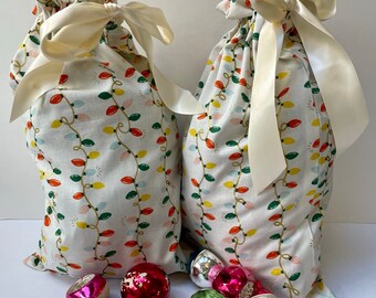Christmas gift bags, Reusable fabric gift bags, Rifle Paper Co Holiday Classics, Holiday Lights in Cream Metallic