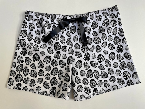 Monstera Cotton Sleep Shorts, Black and White Poplin Shorts