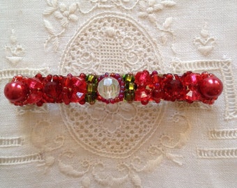 Red and clear crystals, olive green beaded hair barrette, hair clips, wedding accessories, gifts for bridesmaids, holiday gifts, Christmas