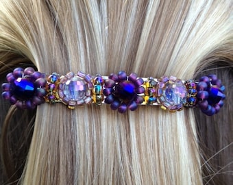Deep purple, violet and lavender crystal and shimmering gold beaded hair barrette, wedding accessories, gifts for bridesmaids, holiday gifts