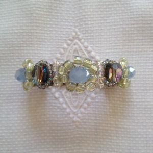 Periwinkle blue crystal, iridescent purple crystal, pale celery green seed beaded pony tail barrette, bridal barrette, bridesmaids&#39; gifts