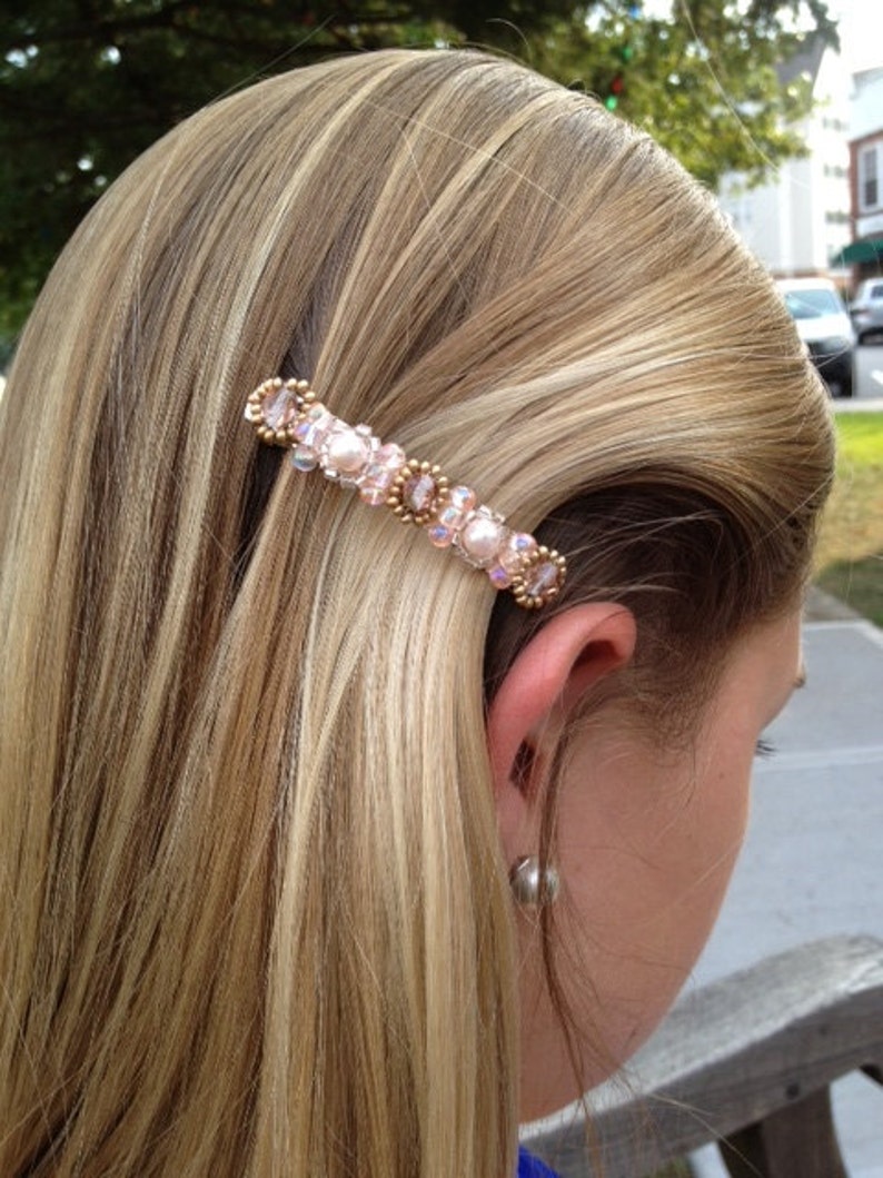 Pearl and Pink Champagne Crystal Beaded Hair Barettes Wedding Etsy