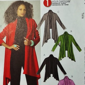 May include: A sewing pattern for a one-hour cardigan. The pattern features a woman wearing a red cardigan and black pants. The pattern also shows examples of the cardigan in black, green, gray, and purple.