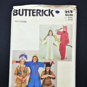May include: A vintage Butterick sewing pattern for children's costumes. The pattern features illustrations of angel, devil, Native American, scarecrow, and other costumes. The pattern size is large.