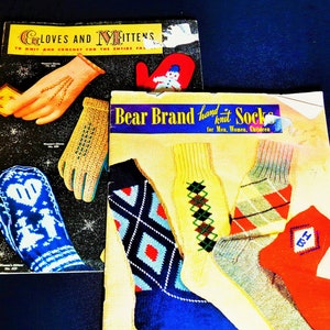 May include: Two vintage knitting pattern books. One titled "Gloves and Mittens" and the other "Bear Brand hand knit Socks". The sock pattern book features colorful argyle and patterned socks. The mitten book shows various glove and mitten designs.