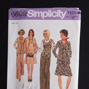 May include: Vintage Simplicity sewing pattern, size 10, featuring illustrations of women's fashion designs. The pattern includes a variety of outfits, including suits, dresses, and separates. The cover has the number 6609 and the Simplicity logo.