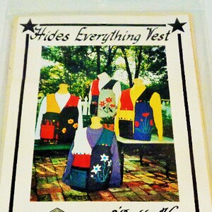 May include: A printed advertisement for the "Hides Everything Vest" featuring several colorful vests with floral and geometric designs. The ad includes the text "O'Dell House" and contact information, with a small illustration of a house.