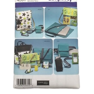 May include: Simplicity sewing pattern 4391 featuring various bag designs. The pattern includes images of shoulder bags, pouches, and cases in different colors and patterns. The text "ONE SIZE" is visible.