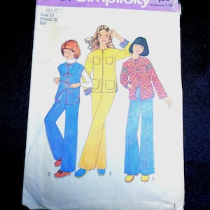 May include: Vintage Simplicity sewing pattern 7281. The pattern features illustrations of three girls wearing different outfits. The pattern includes the size 14, breast 32, and the word "Girl". The price is $1.25.