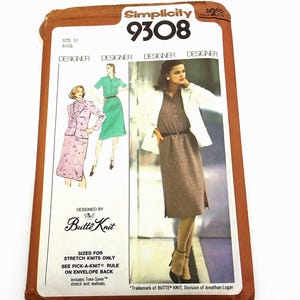 May include: Vintage Simplicity 9308 sewing pattern for misses' dresses and suits. The envelope features illustrations of the finished garments, including a dress with a white jacket and a skirt suit. Designed by Butte Knit.