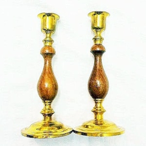 Vintage Wood and Brass Candlesticks