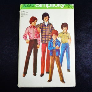 May include: A vintage Simplicity sewing pattern envelope featuring illustrations of four boys in 1970s attire. The envelope is white with text and the number 9595. The boys are wearing shirts, jackets, and pants in various colors.