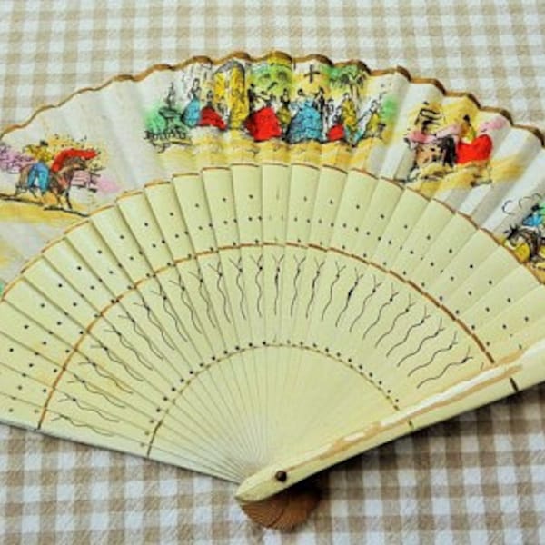 Bamboo With Painted Fabic Spanish Scenes Folding Souvenir Fan