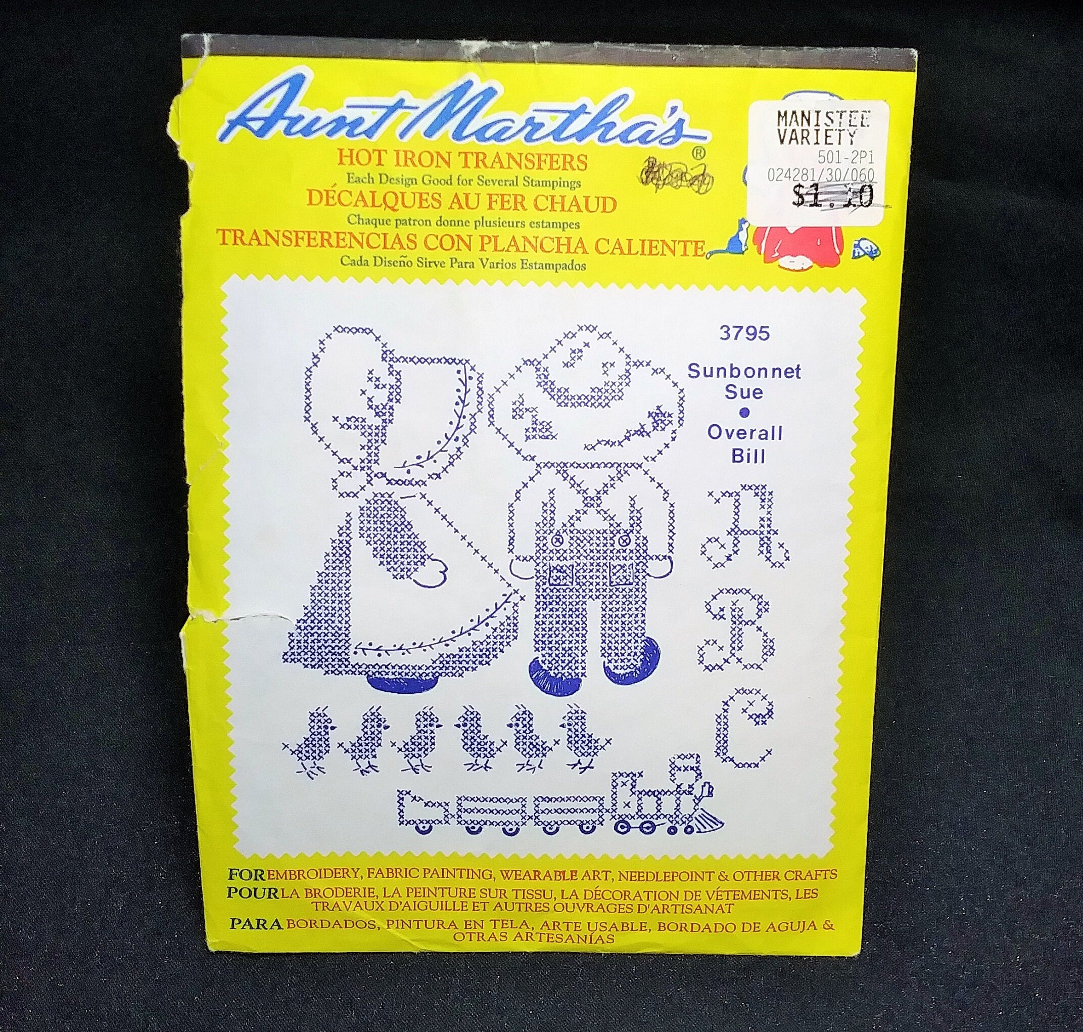 Aunt Martha's Hot Iron Transfers 3795 Sunbonnet Sue and Overall Bill Size:  One Uncut Sewing Pattern