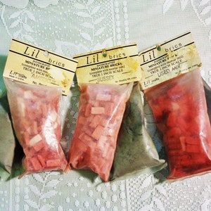 May include: Several small plastic bags filled with miniature bricks in various colors, including red, pink, and gray. Each bag has a label that reads "Lil brics" and "Miniature Bricks" with the text "TRUE 1 INCH SCALE".