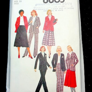 May include: A vintage Simplicity sewing pattern, size 20 Miss, featuring illustrations of women's suits and separates. The pattern includes a variety of styles, including blazers, skirts, and pants. The pattern number is 8865.
