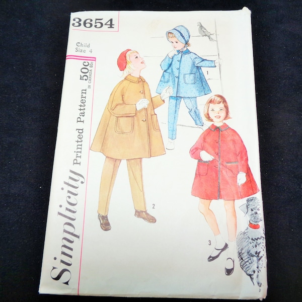 Vintage SIMPLICITY #3654 Girls' Coat, Tapered Pants and Hat Sewing Pattern  Size 4