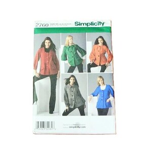 May include: A Simplicity sewing pattern featuring a jacket design. The pattern shows the jacket in red, green, orange, gray, and blue. The pattern number is 2760. The Simplicity logo is at the top right.