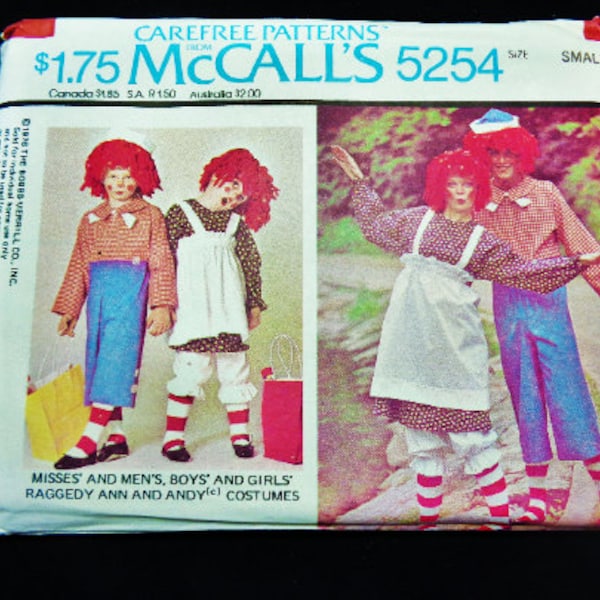 UNCUT Vintage McCall's #5254 Raggedy Ann and Andy Adult Costume PATTERN Size Small Adult 1976