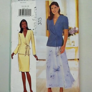 May include: A Butterick David Warren sewing pattern envelope, featuring illustrations of women's clothing designs. The envelope displays a yellow suit and a blue wrap top with a floral skirt. The pattern number is 6000.