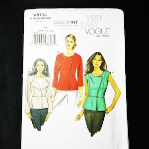 May include: A Vogue Patterns sewing pattern, V8714, featuring three different jacket and top designs. The pattern includes sizes AA (6-8-10-12) and is labeled "Custom Fit" for ABCD cup sizes. The cover art shows illustrations of the garments.