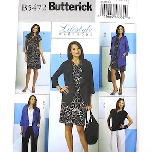 May include: A Butterick B5472 sewing pattern for a Lifestyle Wardrobe. The pattern features multiple outfit options, including dresses, jackets, and pants. The cover displays images of the finished garments, with sizes 8-10-12-14.