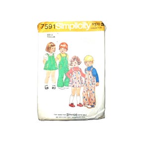 May include: Vintage Simplicity sewing pattern, size 3 toddler. The pattern features illustrations of children in various outfits, including overalls and dresses. The pattern is for stretch knits only.